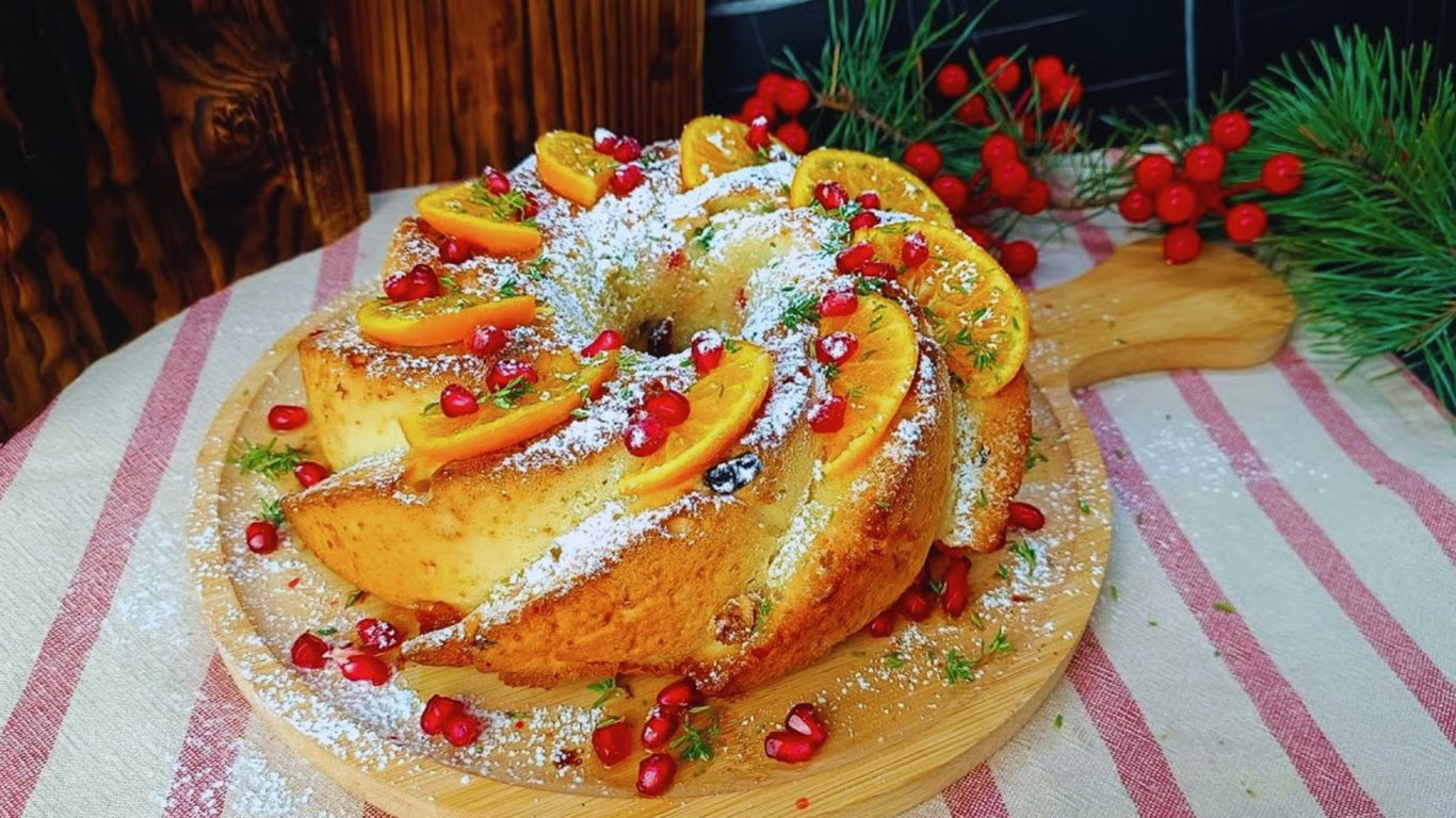 Creează o atmosferă festivă cu această prăjitură parfumată de sărbatori. Aluatul delicat cu fructe uscate, glazură de citrice și portocale caramelizate