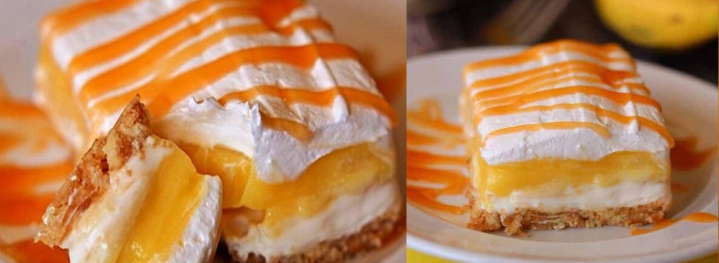 Desert de casă cu miez de banană, un munte de mascarpone dulce, acoperit cu glazură de caramel