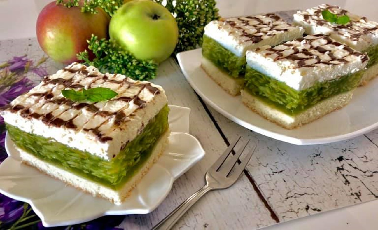 Tort cu mere verzi. O prăjitură delicioasă decorată cu zigzaguri delicate de ciocolată. Acest tort surprinde nu numai prin gustul său uimitor, ci și prin aspectul său frumos!